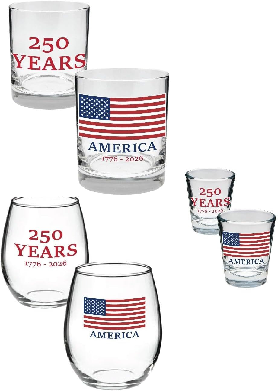 250 Years of America 6-Piece Glassware Combo Set - Patriotic 1776-2026 American Flag Anniversary Design - 2 Wine, 2 Rocks, 2 Shot Glasses - Collector’S Drinkware