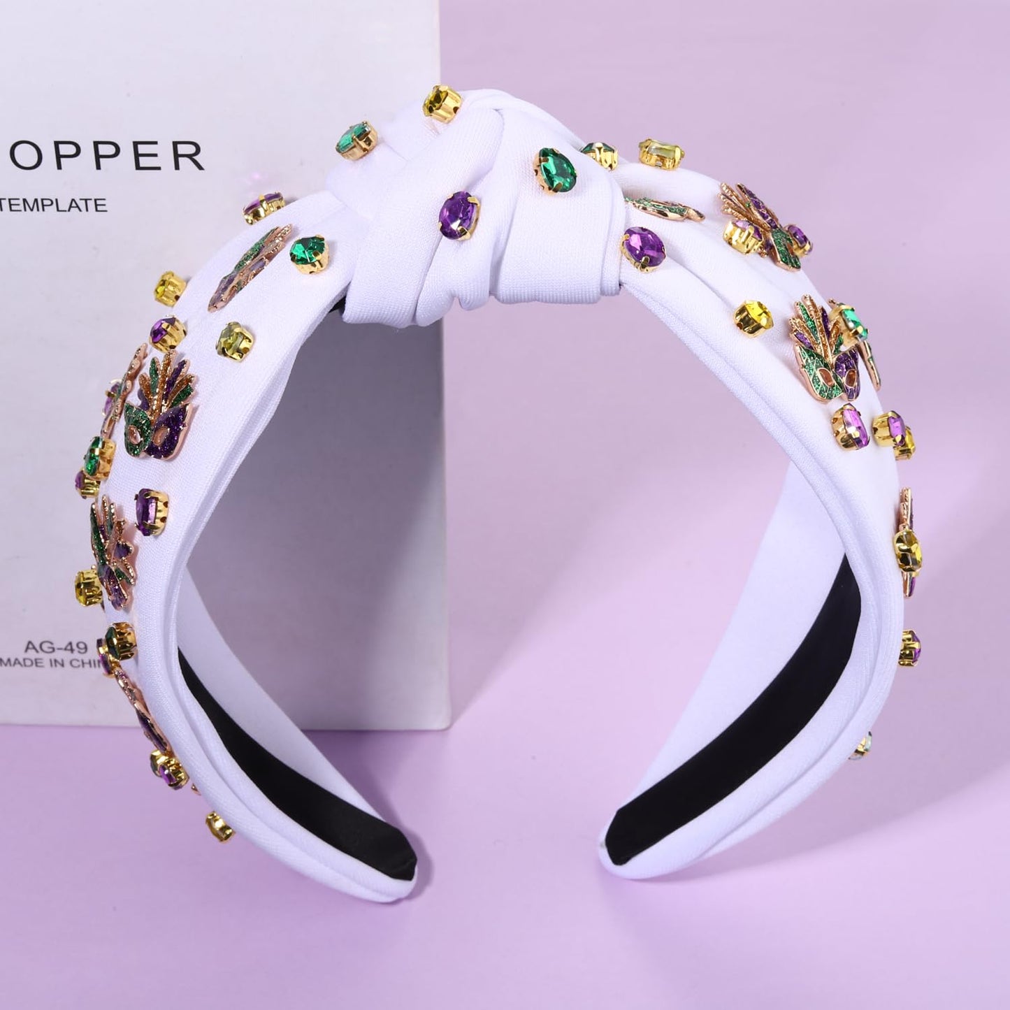 Mardi Gras Headband for Women Crown Fleur De Lis Mask Headbands Green Purple Gold Rhinestone Pearl Jeweled Knotted Headband Mardi Gras Accessories Outfits Carnival Parade Party Favors (Mask a - White)