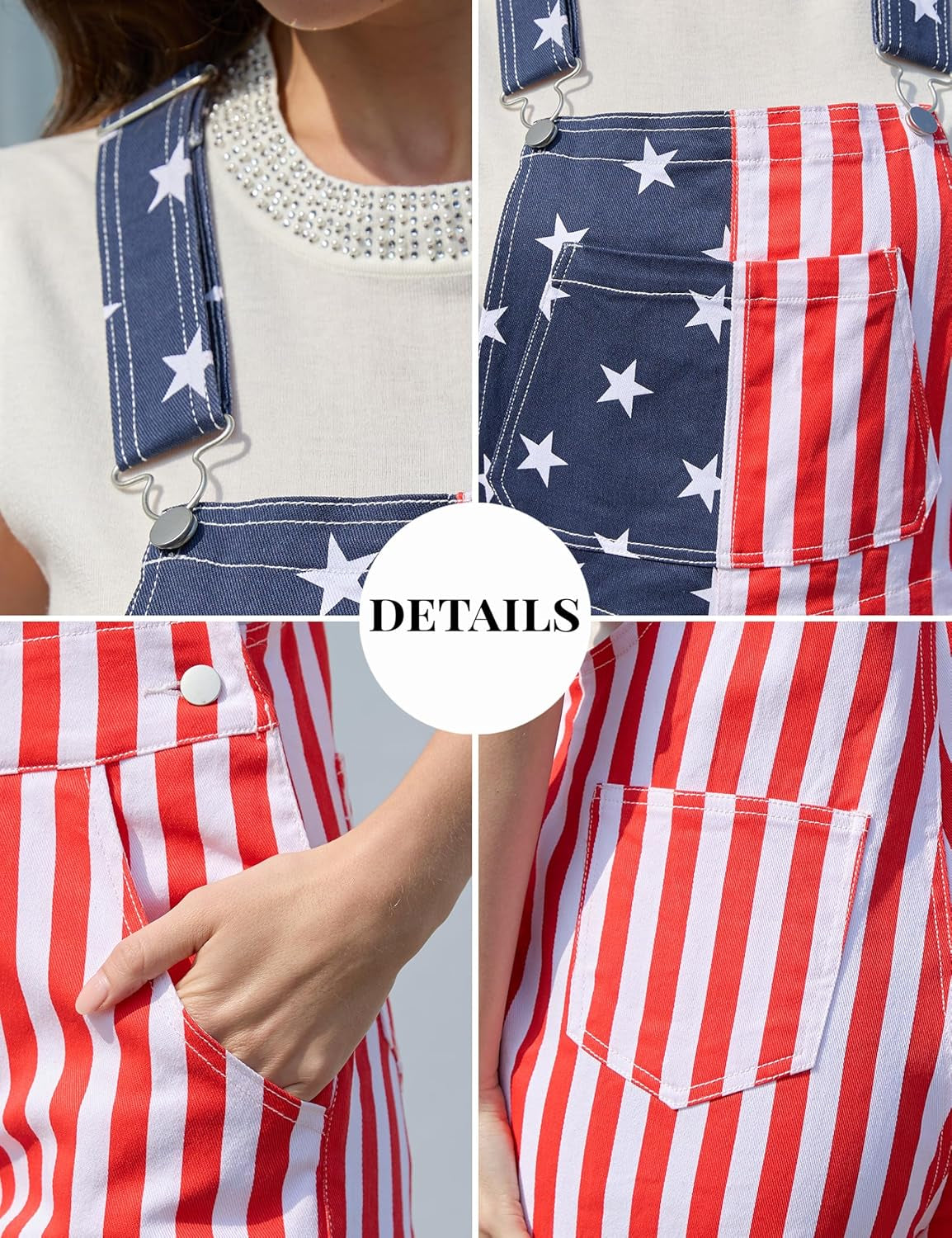 American Flag Overalls Women,Usa Hat,Patriotic Sunglasses,Independence Day Bracelets,4 Pcs 4Th of July Outfits