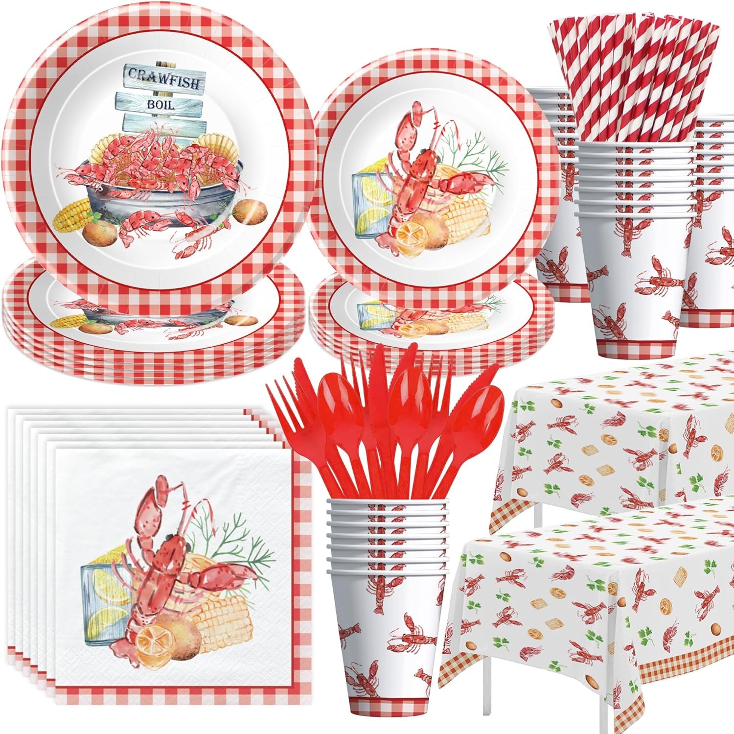 Crawfish Boil Party Supplies, Lobster Crab Seafood Boil Party Decorations Tableware for Birthday Baby Shower, Paper Plate, Cup, Napkin, Tablecloth, Disposable Cutlery, Serves 24