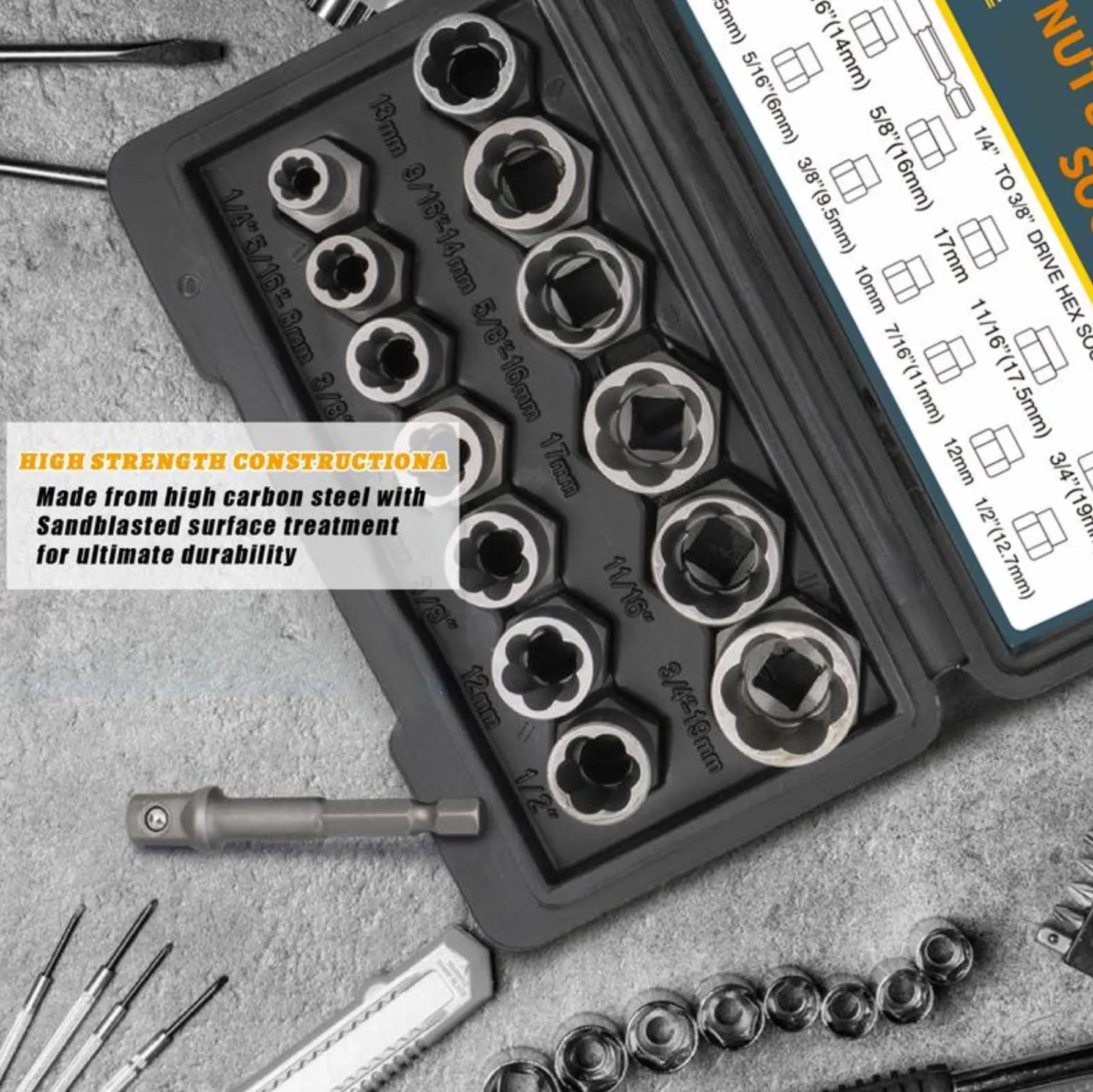 【Fathersdaygift】 Bolt Extractor Tool Set, 13+1 Counts Impact & Nut Remover Stripped Lug Remover, Drive Rounded Bolt Remover for Removing Damaged, Frozen Universal Impact Impact Bolt