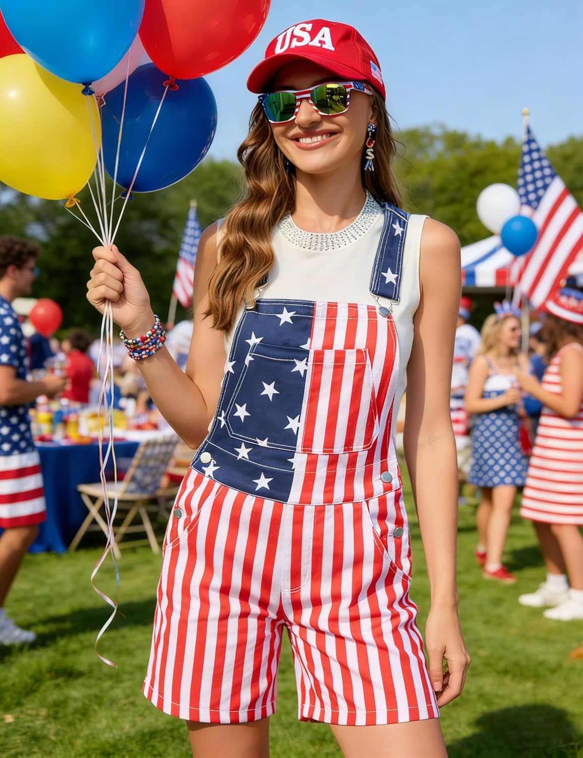American Flag Overalls Women,Usa Hat,Patriotic Sunglasses,Independence Day Bracelets,4 Pcs 4Th of July Outfits