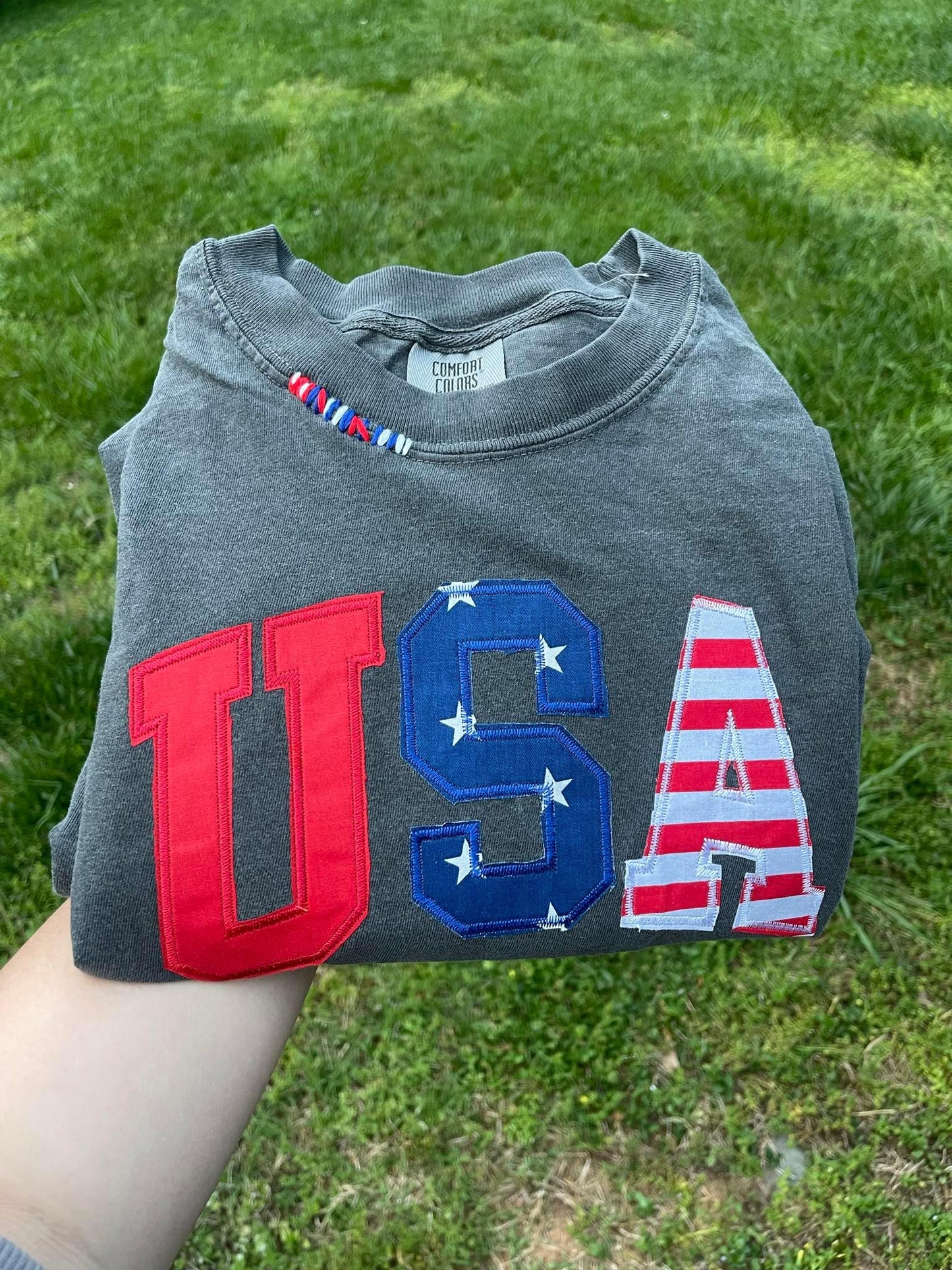 Patriotic USA Red White and Blue Raw Edge Applique Embroidered Shirt