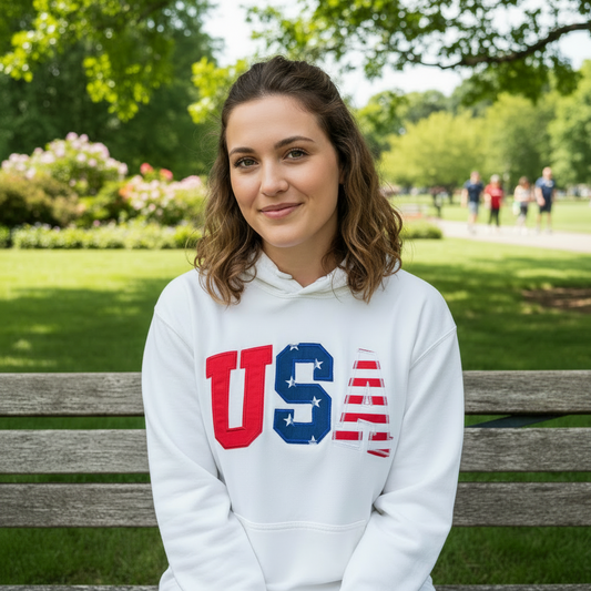 Patriotic USA Red White and Blue Raw Edge Applique Embroidered Shirt