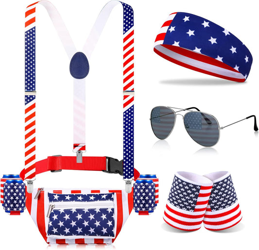 9 Pcs 4Th of July Fanny Pack American Flag Overalls 250 Years Patriotic American Flag Fanny Pack Beer Belt Suspenders Drink Holder Headband Wristband(Classic Style)