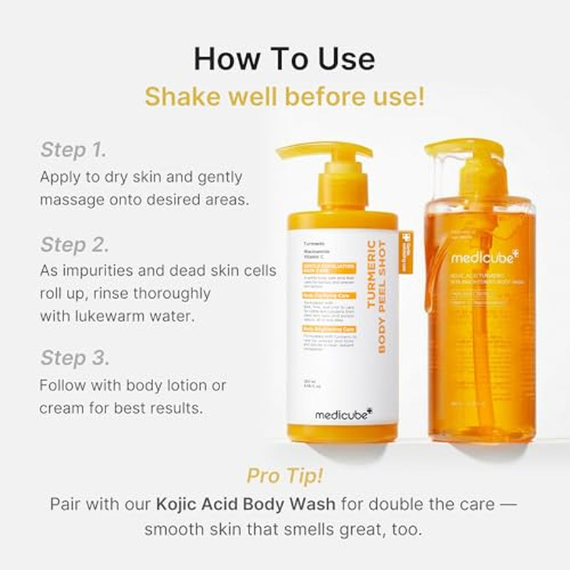 Kojic Acid Brightening Body Care Duo: Turmeric Body Peel Shot and Kojic Acid Body Wash | for Brightening, Exfoliating with Citrus Scent for Fresh Shower Routine