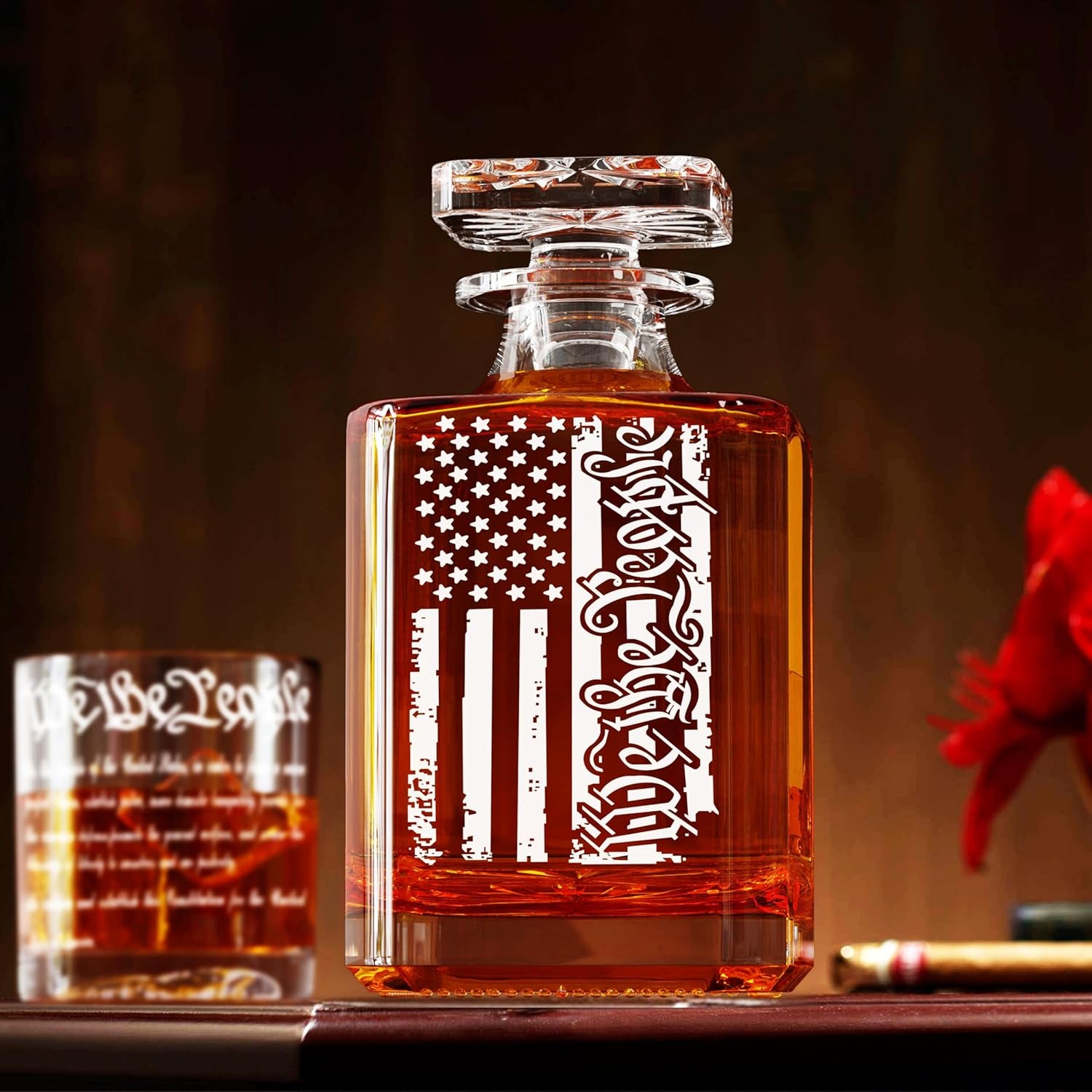 Whiskey Decanter Engraved We the People American Flag Decanter Set with 2 Glasses for Liquor Scotch Bourbon or Wine, Father'S Day Patriotic Gift