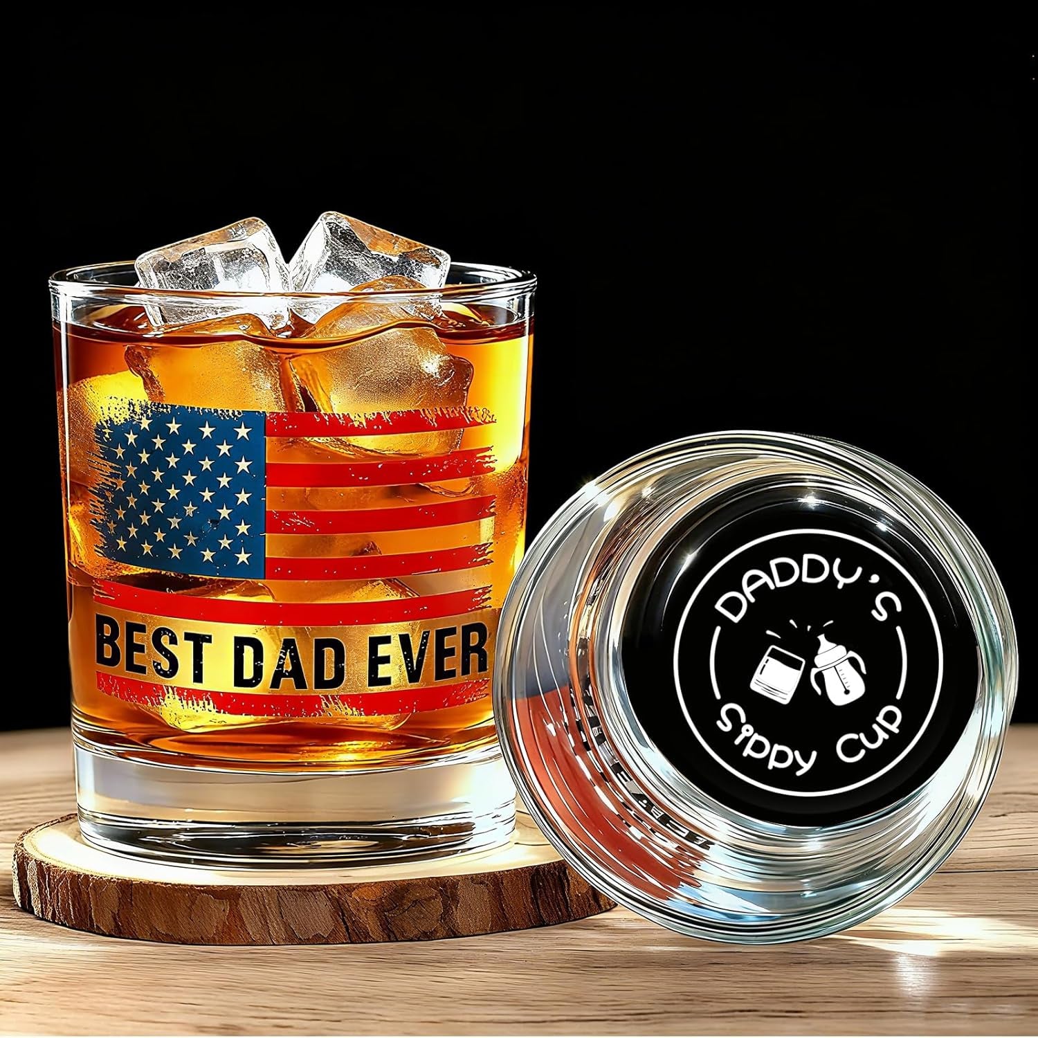 New Dad Gifts - Daddy‘S Sippy Cup Whiskey Glass Gift Set with Ice Ball Mold, 10Oz “Best Dad Ever” Patriotic Glass, Funny Unique Present for Father‘S Day, Birthday & Christmas