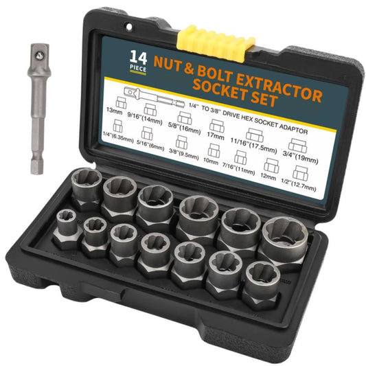 【Fathersdaygift】 Bolt Extractor Tool Set, 13+1 Counts Impact & Nut Remover Stripped Lug Remover, Drive Rounded Bolt Remover for Removing Damaged, Frozen Universal Impact Impact Bolt