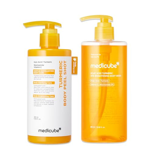 Kojic Acid Brightening Body Care Duo: Turmeric Body Peel Shot and Kojic Acid Body Wash | for Brightening, Exfoliating with Citrus Scent for Fresh Shower Routine