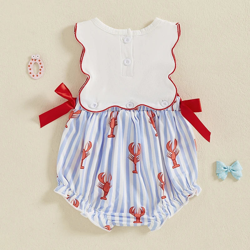 0-18M Newborn Baby Girl Smocked Crawfish Outfit Lobster Bubble Romper Bow Sleeveless Striped Bodysuit Summer Clothes