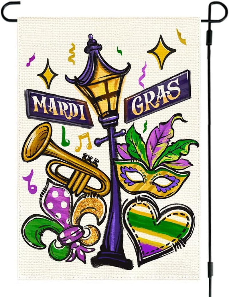 Mardi Gras Garden Flag 12X18 Inch Double Sided Outdoor Decoration, Street Lamp Fleur De Lis Mask New Orleans Carnival Party Supplies Purple Green Gold Festival Accessories