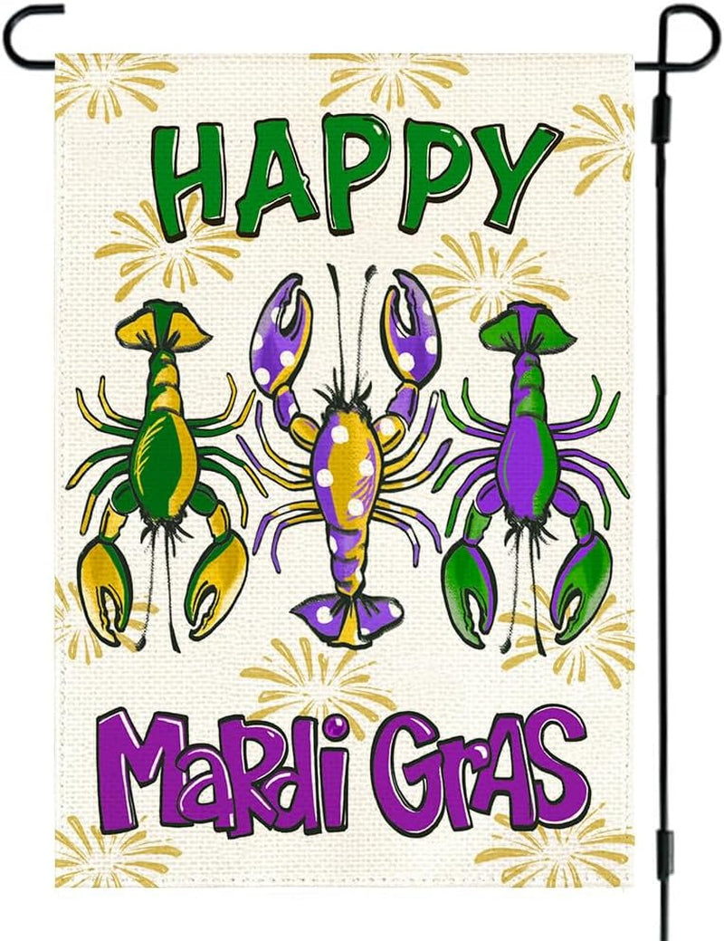 Happy Mardi Gras Crawfish Garden Flag 12X18 Inch Double Sided Outdoor Decoration, Fat Tuesday Lobster New Orleans Carnival Party Supplies Purple Green Gold Festival Accessories