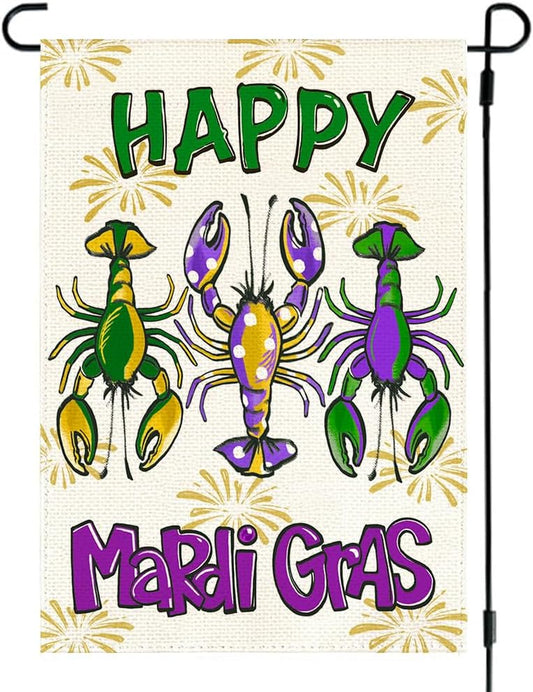 Happy Mardi Gras Crawfish Garden Flag 12X18 Inch Double Sided Outdoor Decoration, Fat Tuesday Lobster New Orleans Carnival Party Supplies Purple Green Gold Festival Accessories